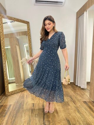 Vestido Midi Alice Tule sem Bojo Azul Estampado com Amarração - Fernanda Ramos Store