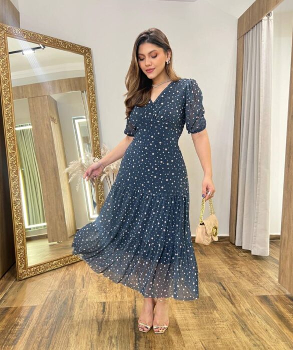 Vestido Midi Alice Tule sem Bojo Azul Estampado com Amarração - Fernanda Ramos Store