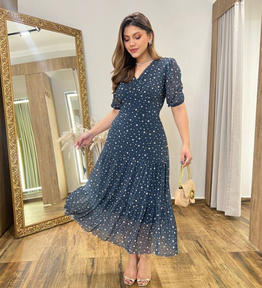 Vestido Midi Alice Tule sem Bojo Azul Estampado com Amarração - Fernanda Ramos Store