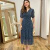 Vestido Midi Alice Tule sem Bojo Azul Estampado com Amarração - Fernanda Ramos Store