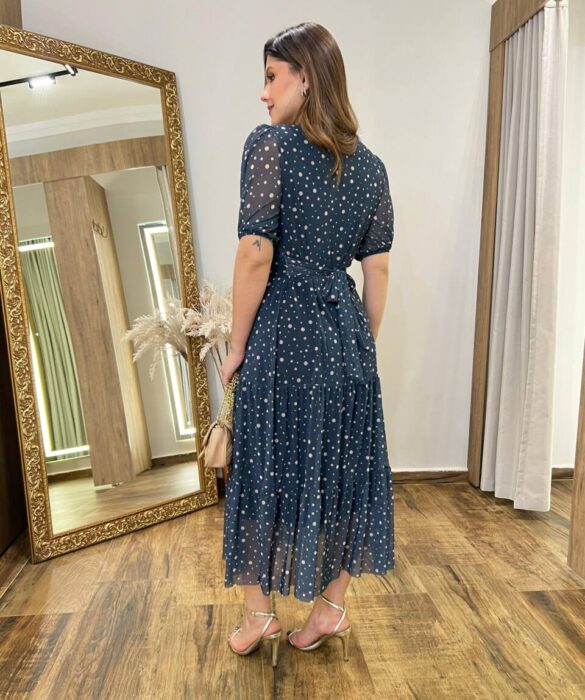 Vestido Midi Alice Tule sem Bojo Azul Estampado com Amarração - Fernanda Ramos Store