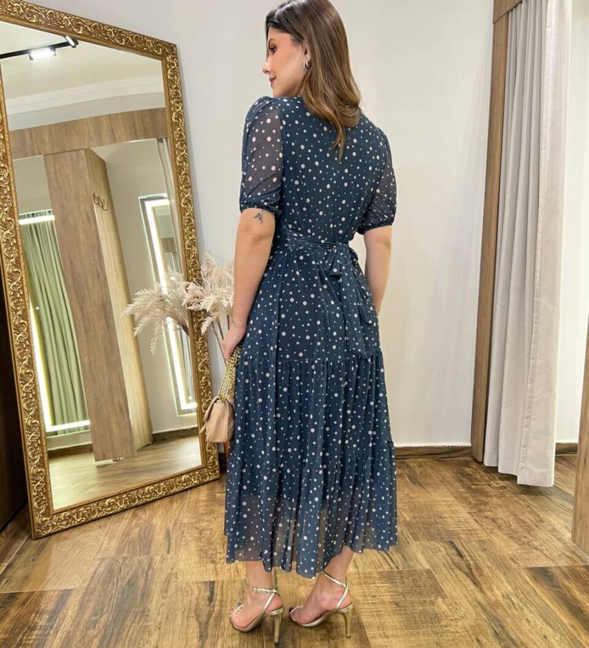 Vestido Midi Alice Tule sem Bojo Azul Estampado com Amarração - Fernanda Ramos Store
