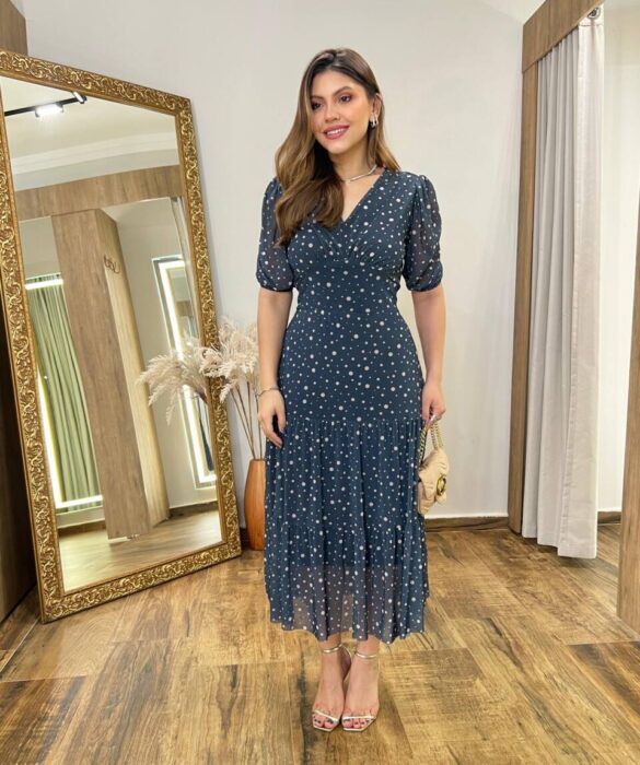 Vestido Midi Alice Tule sem Bojo Azul Estampado com Amarração - Fernanda Ramos Store