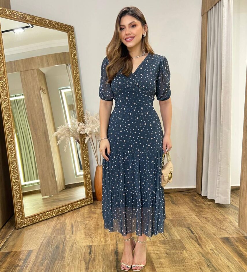 Vestido Midi Alice Tule sem Bojo Azul Estampado com Amarração - Fernanda Ramos Store