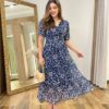 Vestido Midi Alice Tule sem Bojo Azul Marinho Estampado com Amarração - Fernanda Ramos Store