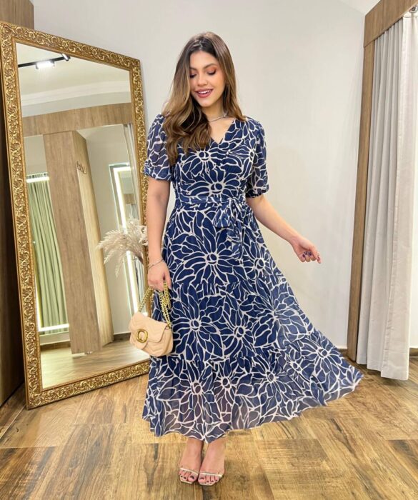 Vestido Midi Alice Tule sem Bojo Azul Marinho Estampado com Amarração - Fernanda Ramos Store