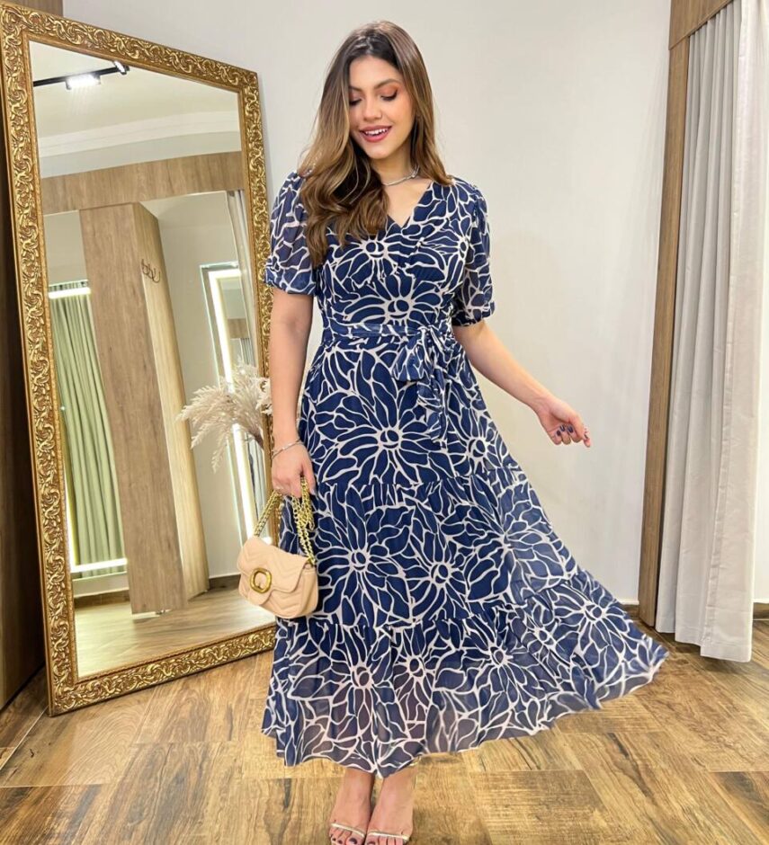 Vestido Midi Alice Tule sem Bojo Azul Marinho Estampado com Amarração - Fernanda Ramos Store