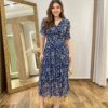 Vestido Midi Alice Tule sem Bojo Azul Marinho Estampado com Amarração - Fernanda Ramos Store