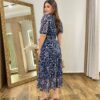 Vestido Midi Alice Tule sem Bojo Azul Marinho Estampado com Amarração - Fernanda Ramos Store