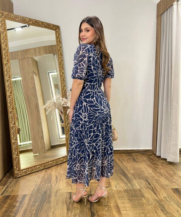 Vestido Midi Alice Tule sem Bojo Azul Marinho Estampado com Amarração - Fernanda Ramos Store