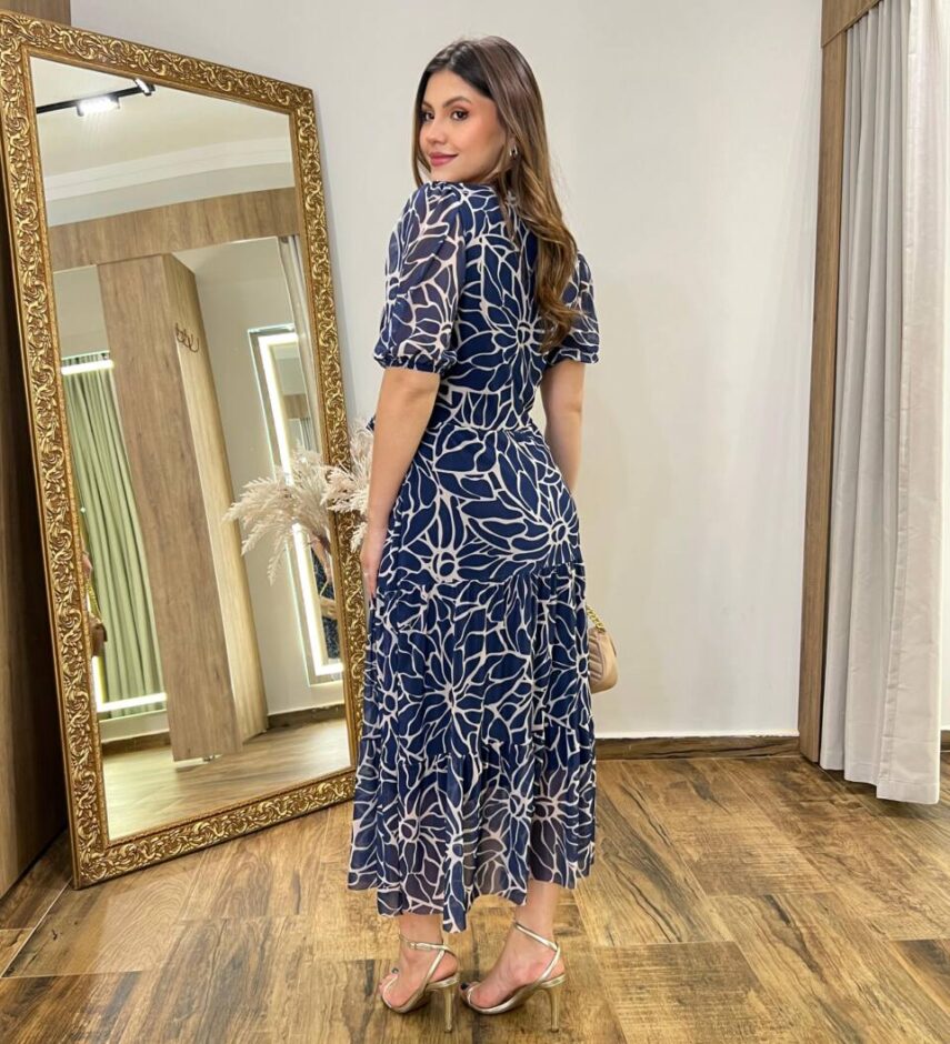 Vestido Midi Alice Tule sem Bojo Azul Marinho Estampado com Amarração - Fernanda Ramos Store