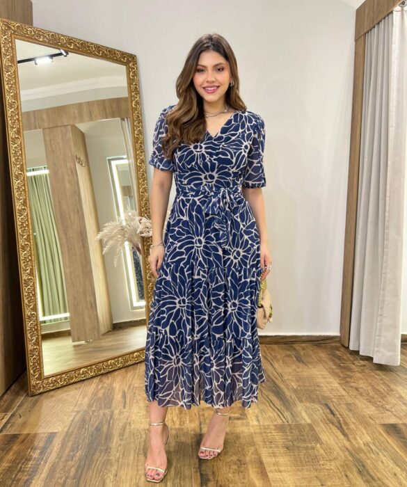 Vestido Midi Alice Tule sem Bojo Azul Marinho Estampado com Amarração - Fernanda Ramos Store