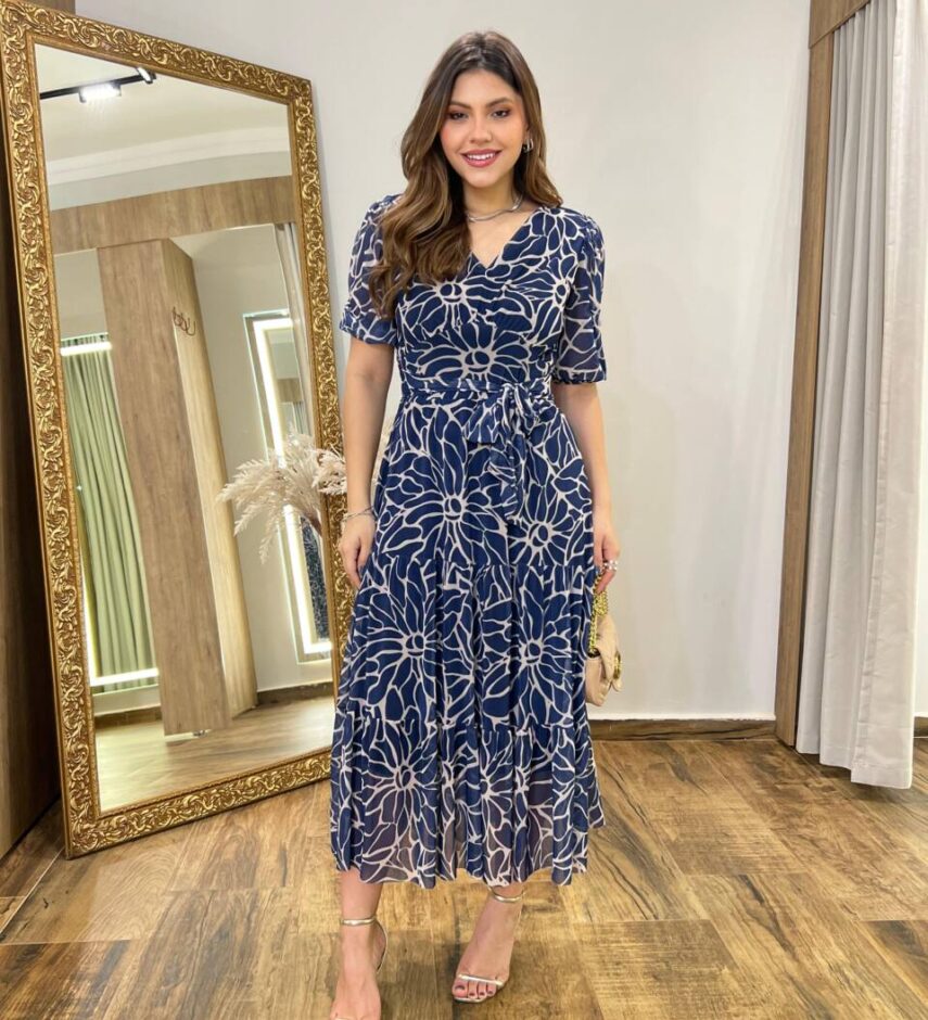 Vestido Midi Alice Tule sem Bojo Azul Marinho Estampado com Amarração - Fernanda Ramos Store