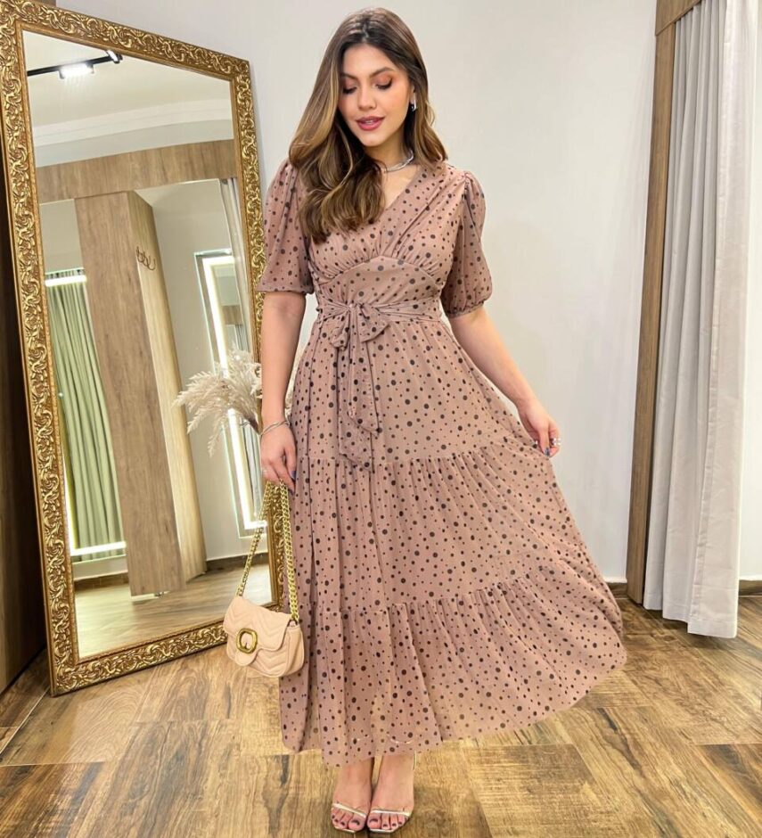 Vestido Midi Alice Tule sem Bojo Bege Estampado com Amarração - Fernanda Ramos Store