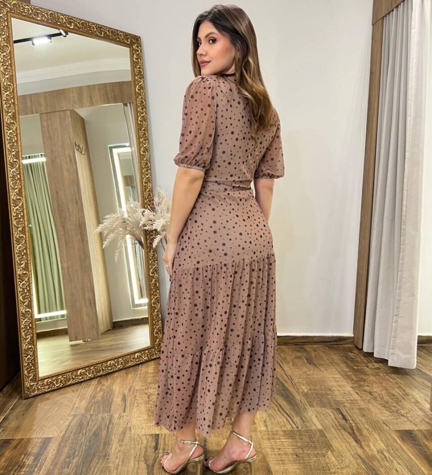 Vestido Midi Alice Tule sem Bojo Bege Estampado com Amarração - Fernanda Ramos Store