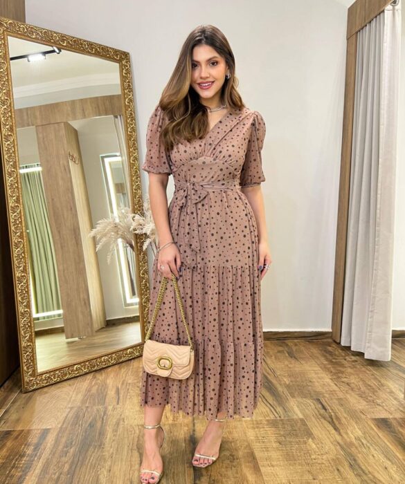 Vestido Midi Alice Tule sem Bojo Bege Estampado com Amarração - Fernanda Ramos Store