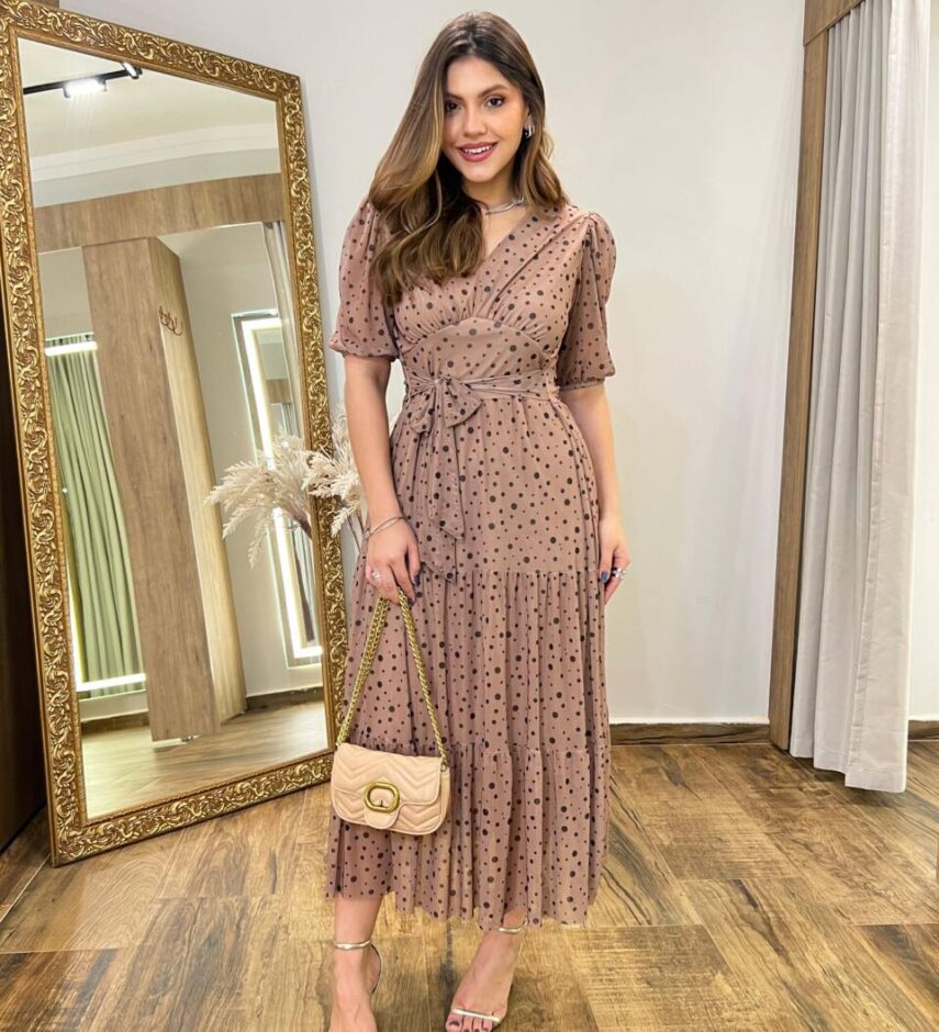 Vestido Midi Alice Tule sem Bojo Bege Estampado com Amarração - Fernanda Ramos Store