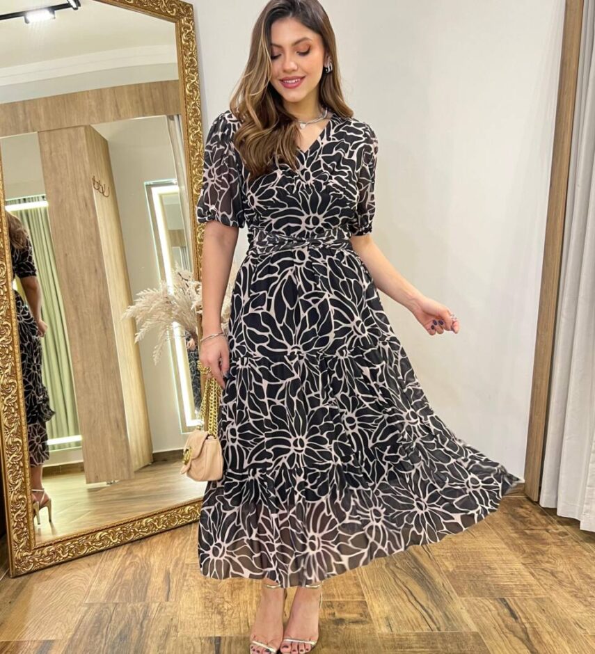 Vestido Midi Alice Tule sem Bojo Preto Estampado com Amarração - Fernanda Ramos Store