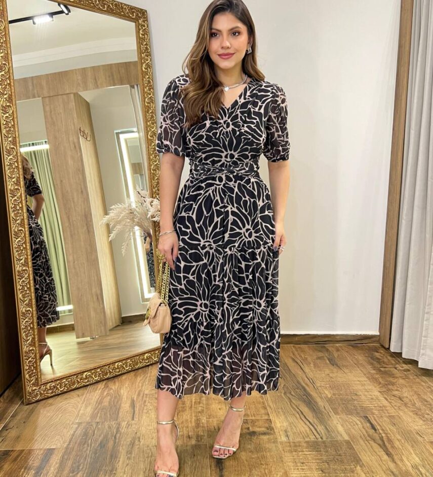 Vestido Midi Alice Tule sem Bojo Preto Estampado com Amarração - Fernanda Ramos Store