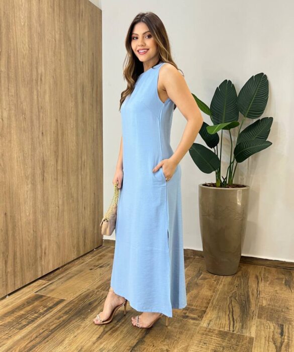 Vestido Midi Ana sem Bojo Fendas Laterais e Bolso Azul - Fernanda Ramos Store