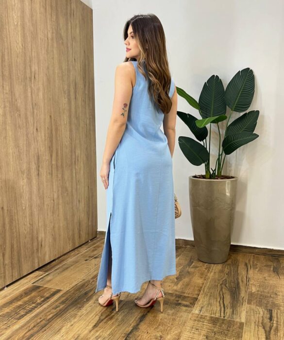 Vestido Midi Ana sem Bojo Fendas Laterais e Bolso Azul - Fernanda Ramos Store