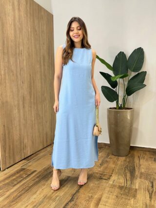 Vestido Midi Ana sem Bojo Fendas Laterais e Bolso Azul - Fernanda Ramos Store