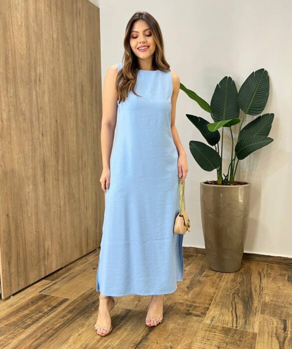 Vestido Midi Ana sem Bojo Fendas Laterais e Bolso Azul - Fernanda Ramos Store