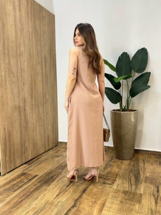 Vestido Midi Ana sem Bojo Fendas Laterais e Bolso Bege - Fernanda Ramos Store