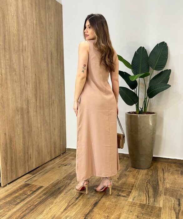 Vestido Midi Ana sem Bojo Fendas Laterais e Bolso Bege - Fernanda Ramos Store