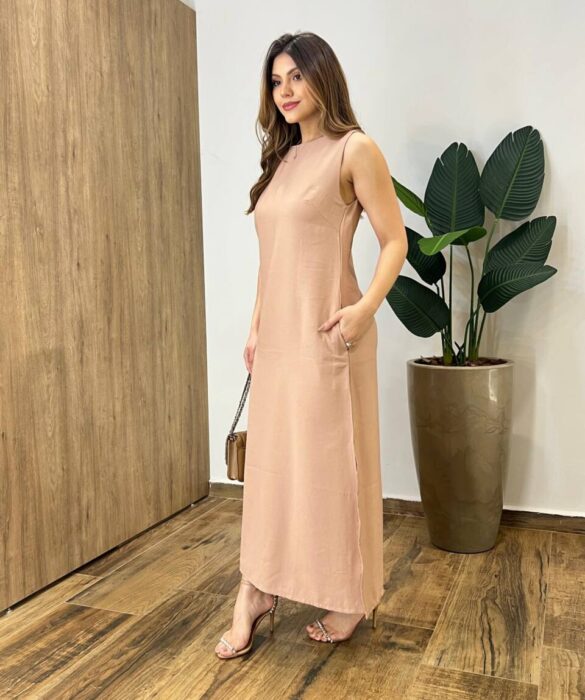 Vestido Midi Ana sem Bojo Fendas Laterais e Bolso Bege - Fernanda Ramos Store