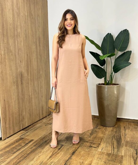 Vestido Midi Ana sem Bojo Fendas Laterais e Bolso Bege - Fernanda Ramos Store