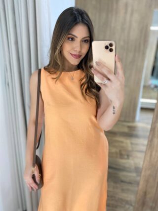 Vestido Midi Ana sem Bojo Fendas Laterais e Bolso Laranja - Fernanda Ramos Store