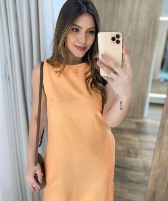 Vestido Midi Ana sem Bojo Fendas Laterais e Bolso Laranja - Fernanda Ramos Store