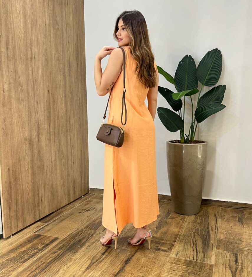 Vestido Midi Ana sem Bojo com Fenda Lateral e Bolsos Laranja - Fernanda Ramos Store