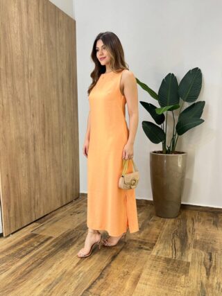 Vestido Midi Ana sem Bojo Fendas Laterais e Bolso Laranja - Fernanda Ramos Store