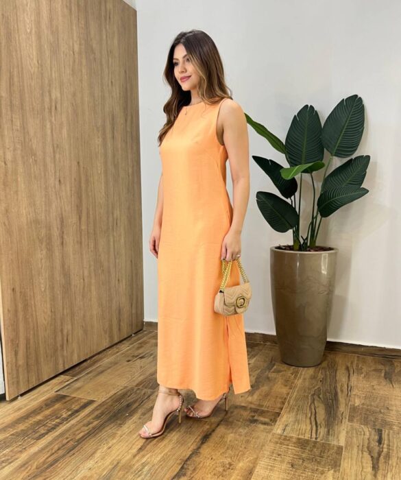 Vestido Midi Ana sem Bojo Fendas Laterais e Bolso Laranja - Fernanda Ramos Store