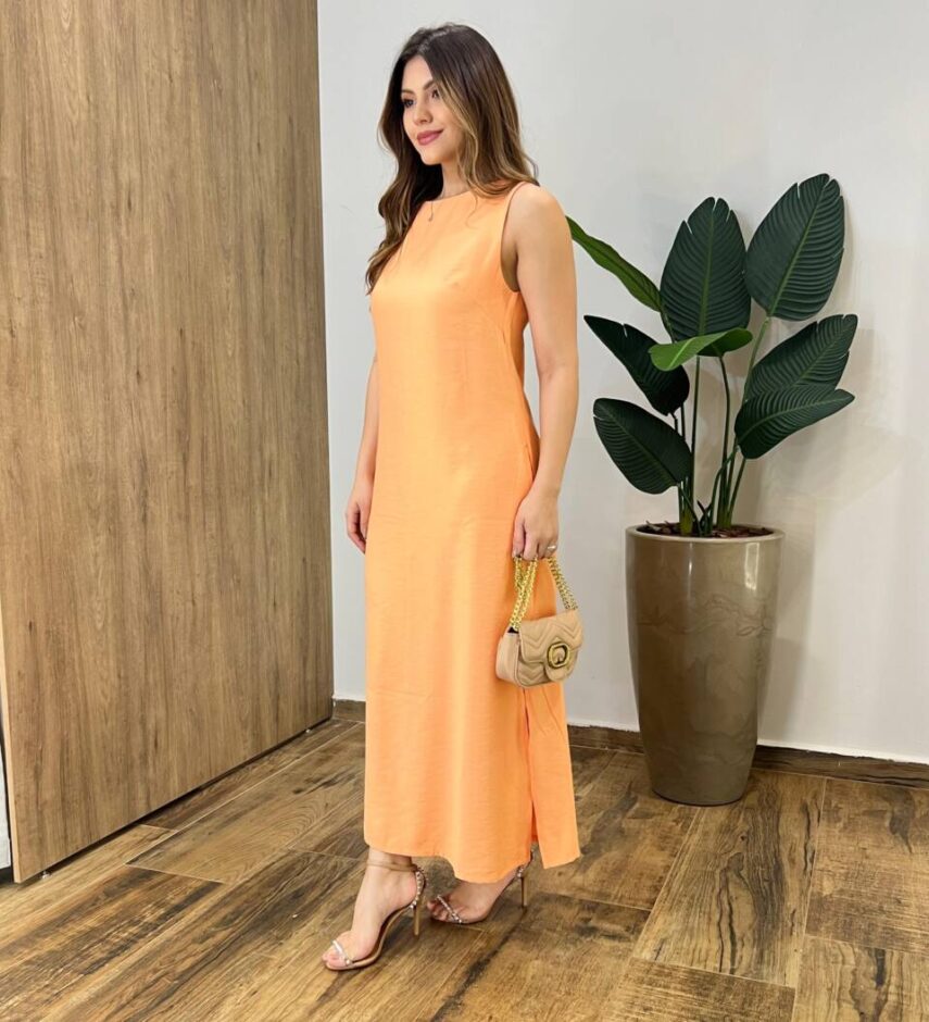 Vestido Midi Ana sem Bojo com Fenda Lateral e Bolsos Laranja - Fernanda Ramos Store