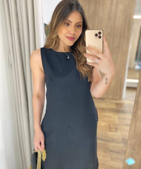 Vestido Midi Ana sem Bojo Fendas Laterais e Bolso Preto - Fernanda Ramos Store