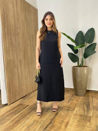 Vestido Midi Ana sem Bojo Fendas Laterais e Bolso Preto - Fernanda Ramos Store