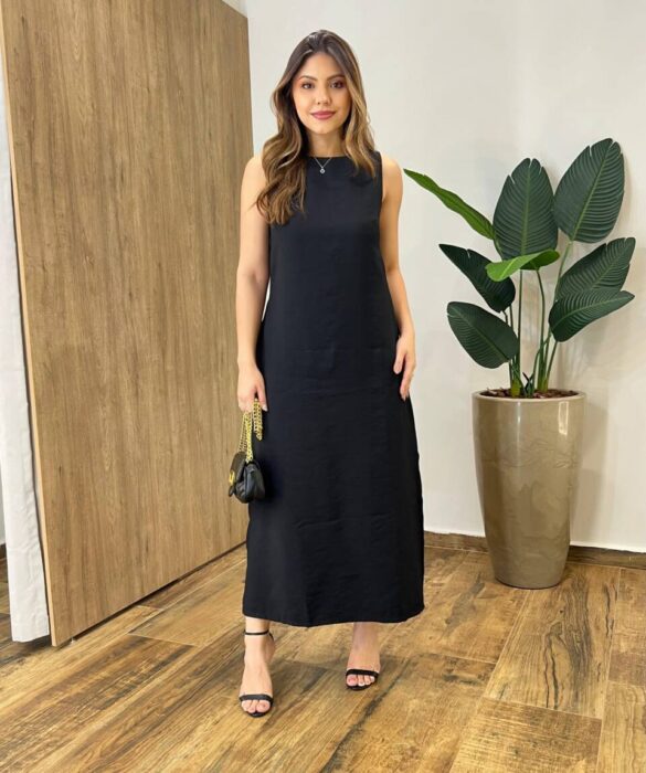 Vestido Midi Ana sem Bojo Fendas Laterais e Bolso Preto - Fernanda Ramos Store