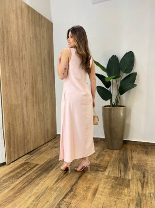 Vestido Midi Ana sem Bojo Fendas Laterais e Bolso Rosa Bebê - Fernanda Ramos Store