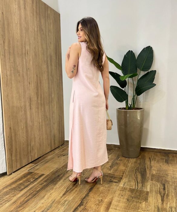 Vestido Midi Ana sem Bojo Fendas Laterais e Bolso Rosa Bebê - Fernanda Ramos Store