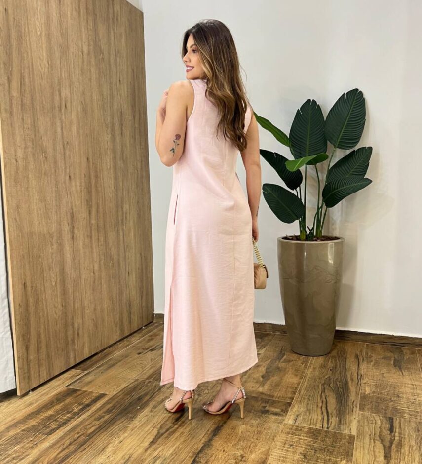 Vestido Midi Ana sem Bojo com Fenda Lateral e Bolsos Rosa Bebê - Fernanda Ramos Store