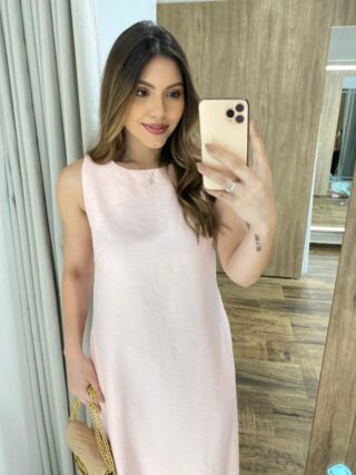 Vestido Midi Ana sem Bojo Fendas Laterais e Bolso Rosa Bebê - Fernanda Ramos Store