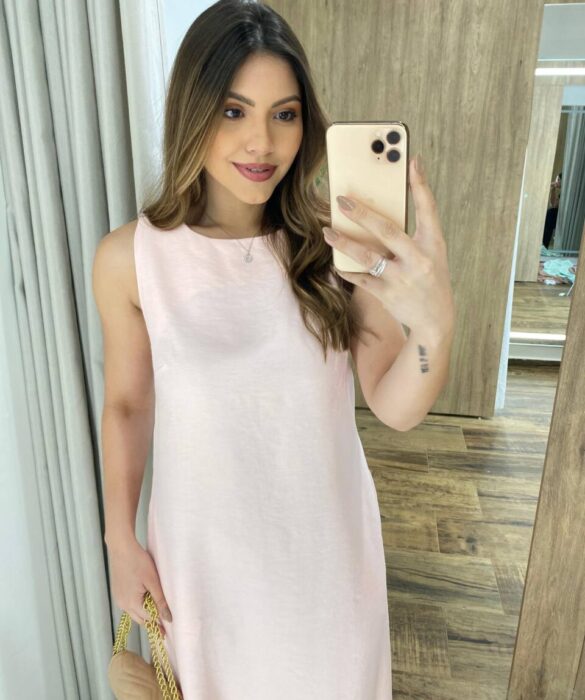 Vestido Midi Ana sem Bojo Fendas Laterais e Bolso Rosa Bebê - Fernanda Ramos Store