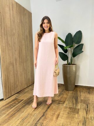 Vestido Midi Ana sem Bojo Fendas Laterais e Bolso Rosa Bebê - Fernanda Ramos Store