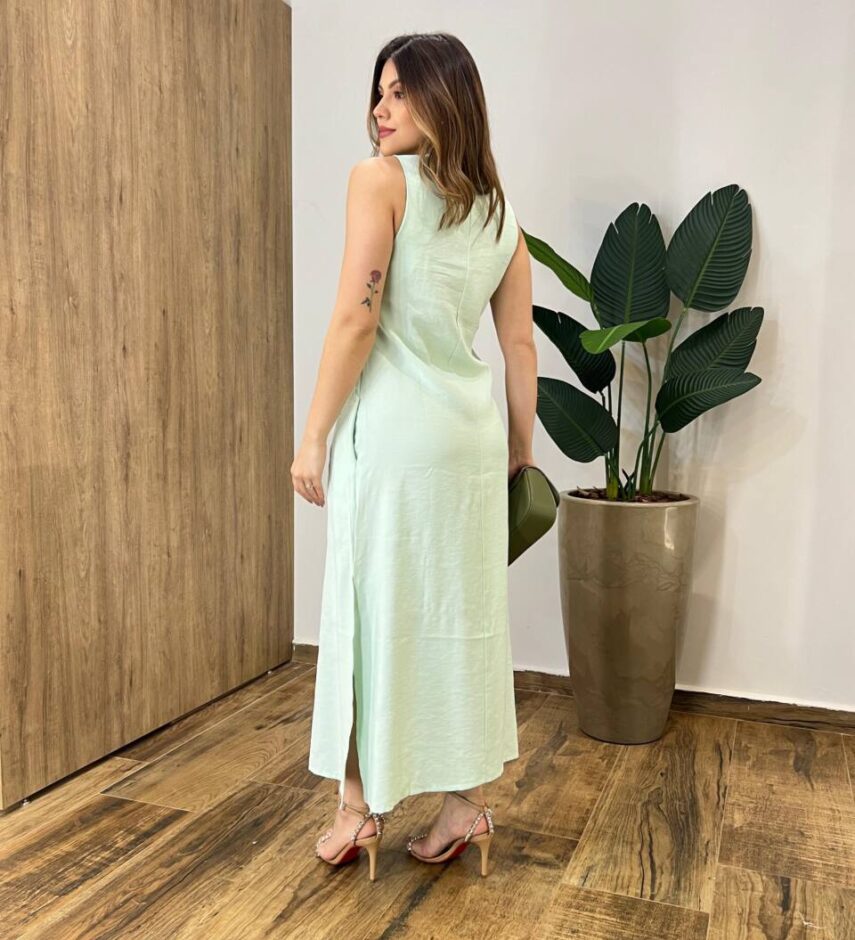 Vestido Midi Ana sem Bojo com Fenda Lateral e Bolsos Verde - Fernanda Ramos Store