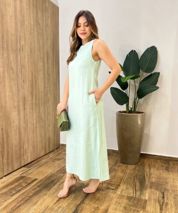 Vestido Midi Ana sem Bojo Fendas Laterais e Bolso Verde - Fernanda Ramos Store