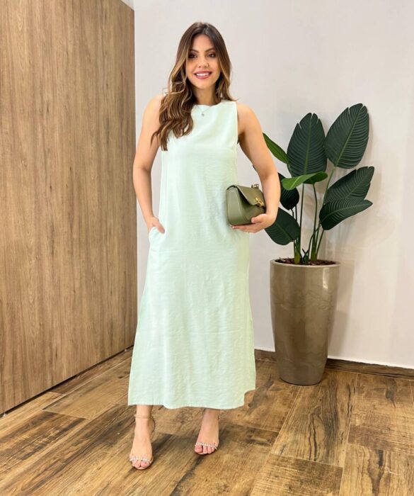 Vestido Midi Ana sem Bojo Fendas Laterais e Bolso Verde - Fernanda Ramos Store