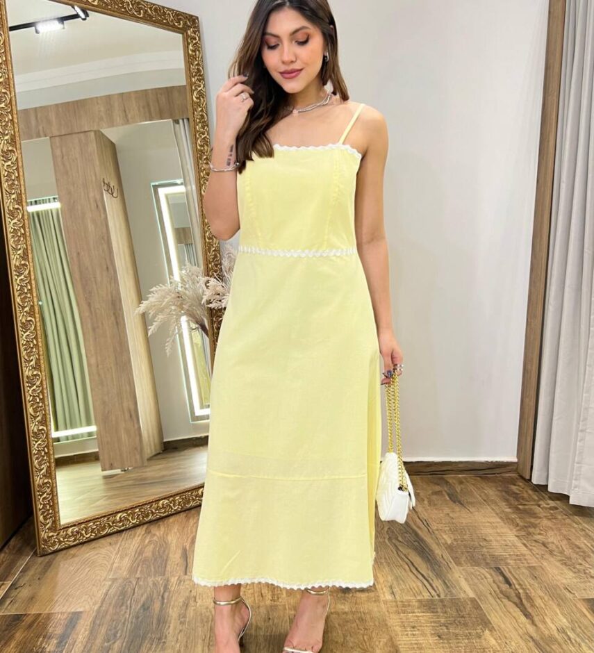 Vestido Midi Antonella sem Bojo Sianinha e Zíper nas Costa Amarelo - Fernanda Ramos Store